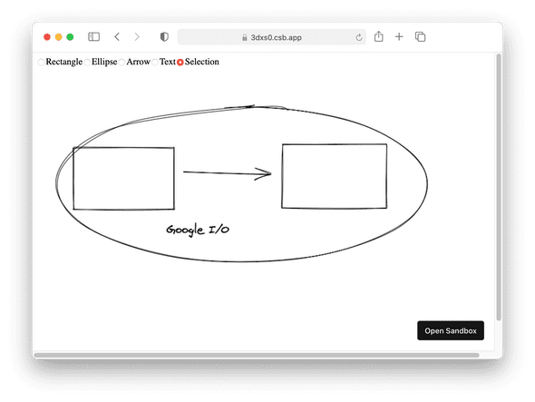 Screenshot of the Excalidraw prototype application showing that it supported rectangles, arrows, ellipses, and text. Screenshot of the Excalidraw prototype application showing that it supported rectangles, arrows, ellipses, and text.