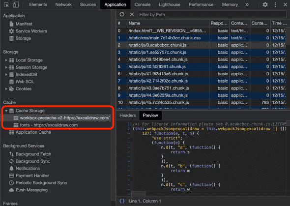 Chrome DevTools Application tab showing the two Excalidraw caches. Chrome DevTools Application tab showing the two Excalidraw caches.