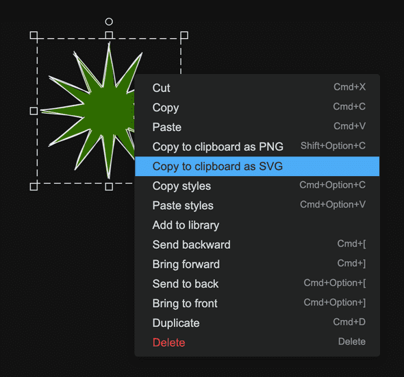 Excalidraw context menu showing the 'copy to clipboard as SVG' and 'copy to clipboard as PNG' menu items. Excalidraw context menu showing the 'copy to clipboard as SVG' and 'copy to clipboard as PNG' menu items.